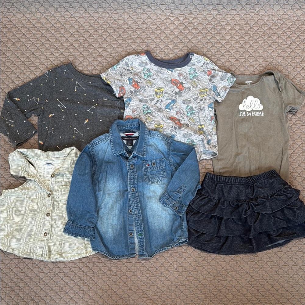Neutral Colors and Denim Girl’s Clothing Set/Lot. 5 Tops + One Skirt. Size 24 mo